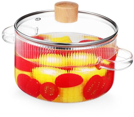 FUNOMOCYA Glass Saucepan with Lid 1.6l Multi-Functional Thickened Glass Cooking Pot with Double-Handle Wood Design for Soup and Stewing