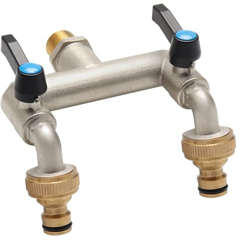 2-Wege Wasserhahn Garten 3/4 Zoll, Garten Doppel Wasserhahn mit 2 Stück 3/4 Zoll auf 1/2 Zoll Hahnanschluss für Haus, Hof/Waschmaschine