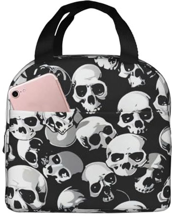 Bolsa de almuerzo con estampado de calavera negra, lonchera portátil para hombres y mujeres, picnic, trabajo, viajes