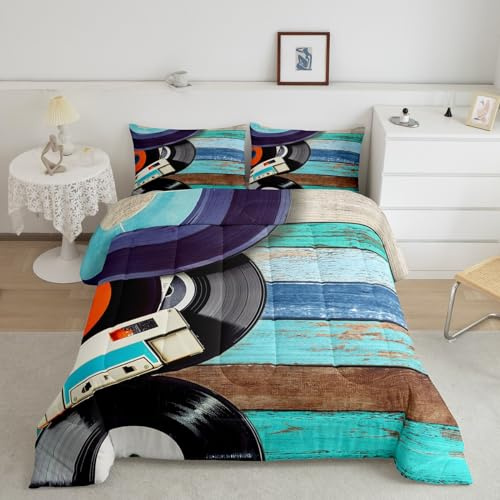 Homewish Vintage Musical Comforter Set Queen Size,Audio Cassette Music Art Style Bedding Set for Women Adult,80s Rustic Tape Record Print Luxury Bed Duvet Insert, 2 Pillowcases