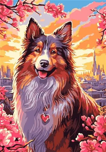 Aimaor Malen Nach Zahlen Erwachsene,Hund rosa Blume Paint by Numbers Adult Bastelset Malen-Nach-Zahlen Kinder Anfänger Leinwand Kreativ Set DIY Set Malen nach Zahlen（DIY Frame） 50x65cm