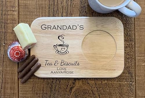 Personalised Solid Wood Tea and Biscuit Board with Mug Holder – Engraved Name, Steaming Cup and Treat Wording – Custom Snack Tray Gift for Tea or Coffee Lover