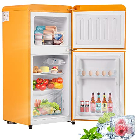 Merax Kühlschrank mit Gefrierfach, Kühl-Gefrierkombination, 60 Liter Doppeltür Kühlschrank, mit 22L Gefrierschrank, 45dB, LED, Glasablagen, Gemüsefach, Türablagen, für Küche, Wohnzimmer, Büro, Gelb