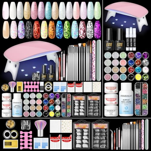 PEACECOLOR 39PCS Acrylic Nail Kits with Lamp 3 Colours Acrylic Powder Liquid Set with 24pcs Glitter Powder Nail Art False Nail Tips Manicure Full Set for Beginners Starter Kit