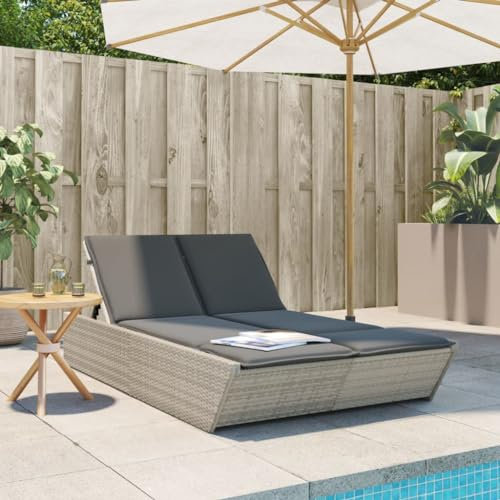 Xichuzi Doppel-Sonnenliege mit Kissen Hellgrau Poly Rattan, Gartenliege, Liegestuhl, Sonnenstuhl, Sonneninsel Outdoor, Liegen, Gartenmöbel, Bäderliege, Relaxliege - 368184