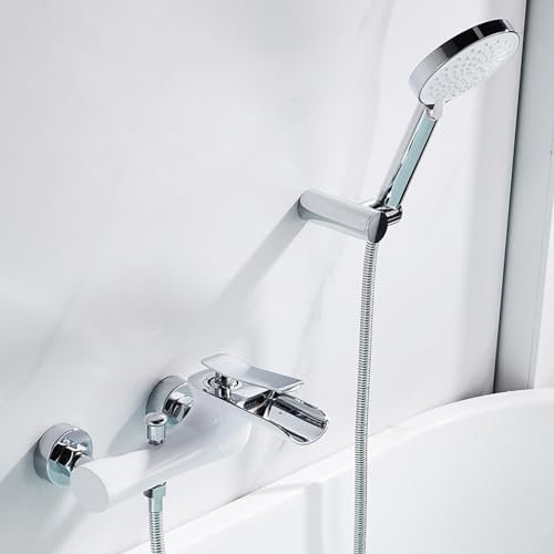 Générique Robinet Mitigeur de Baignoire Robinet de Douche Mural Blanc + Robinet de Baignoire Cascade Chromé avec Douchette à Main Et Flexible de Douche