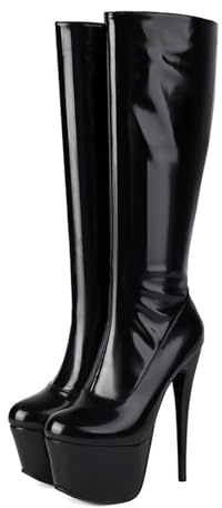 HIKKWXVN Dam 15 cm högklackade plattform patentläder rund tå knähöga stövlar, stilettos stövlar mode höst vinter mitten av vaden stövlar, svart 2,44