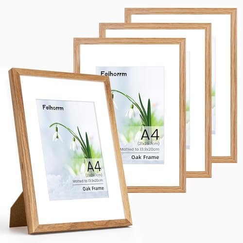 A4 Frame Set of 4, Oak Wood A4 Picture Frame Certificate Documents Frames, A4 Frame with Mount for A5 Frame, A4 Frame with Tempered Glass for Freestanding and Wall Mountable