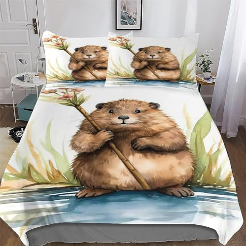 Beaver 3D Duvet Cover Bedding Set with Pillowcases Cosy Super Soft Bed Linen Quilt Cover 3 Pcs for Kids, Youth And Adult Brushed Microfiber Comforter Cover King (220x240cm)