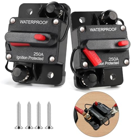 HOISGEAR 2 Stück 250A Schutzschalter, kfz Automatik Sicherungshalter 12V-48V DC 250A Wasserdicht Sicherungshalter Automatische Sicherung Schalter mit Manueller Reset für Auto LKW Boot Marine Stereo