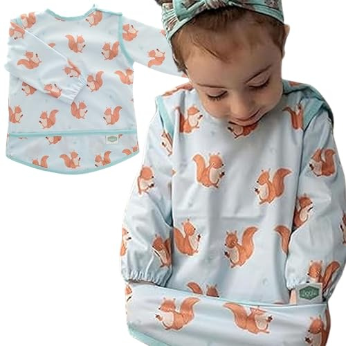 Ziggle Baby Bibs | Waterproof Weaning Bib | Long Sleeve Toddler Bib | Coverall Bibs for Baby | Easy Clean, Mess-Free Mealtime | Squirrels bib