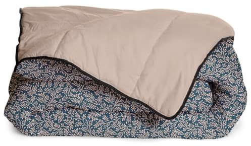 Bleu Calin Couette Imprimée Chaude Omara 140x200cm pour Lit 90x190 - Microfibre - Édredon 350g/m² Fabriqué en France - Bleu Paon/Beige