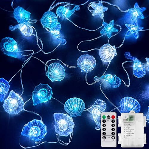 TZEKING 3m LED Ozean-Lichterkette mit Fernbedienung, batteriebetrieben, 8 Blinkmodi, für Badezimmer, maritime Dekoration