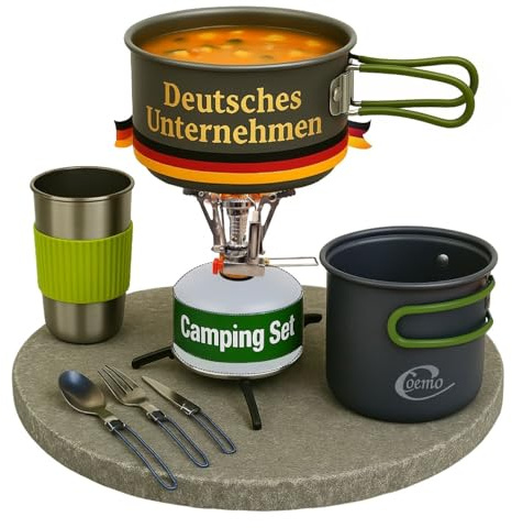 Coemo 7-teiliges Camping Kochgeschirr Set mit Kocher, Topf, Pfanne | Outdoor Kochset mit Kocher, Besteck & Becher, 7-teiliges Camping-Kochset mit Pfanne, klappbarem Besteck, Ideal für Wandern
