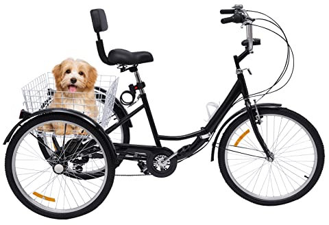 Faltbar Dreirad für Erwachsene, 24 Zoll 7 Gang Lastenfahrrad, 3 Räder Fahrrad Erwachsene mit Einkaufskorb, City Einkauffahrrad Cargo-Bike für Erwachsene Senioren und Frauen Höhenverstellbar (Schwarz)