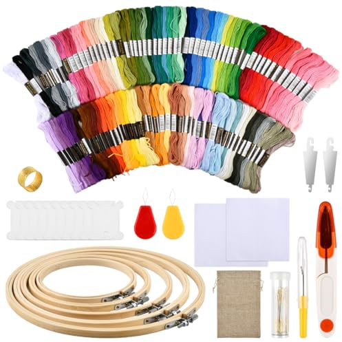 DODUOS 126 Pezzo Ricamo Starter Kit, Fili da Ricamo, Punto Croce Kit Filo Punto Croce Colorato con 100 Fili Colorati, 5 Pezzi di Cerchi di Bambù, 2 Pezzitessuto, Kit per Ricamo per Adulti