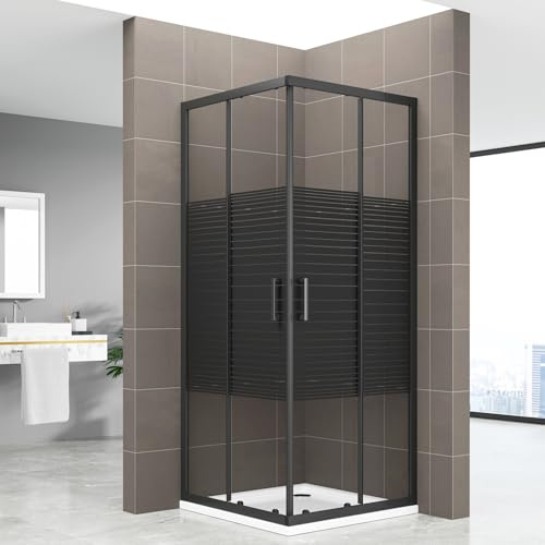BOHA-LINE Cabine de douche 70 x 70 cm H.180 verre sérigraphié motif ligne 6 mm, anticalcaire, portes coulissantes, profilés noirs