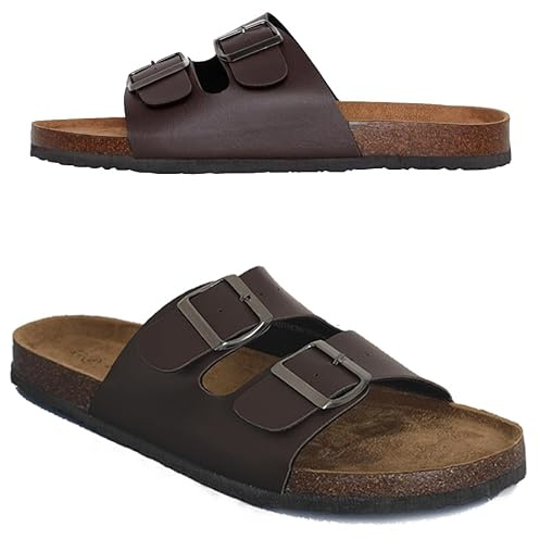Mens Sandals, Arch Support Slides with Adjustable Buckle Straps and Cork Footbed for Summer Size 6-12 (Brown, UK Footwear Size System, Adult, Men, Numeric, Medium, 8)