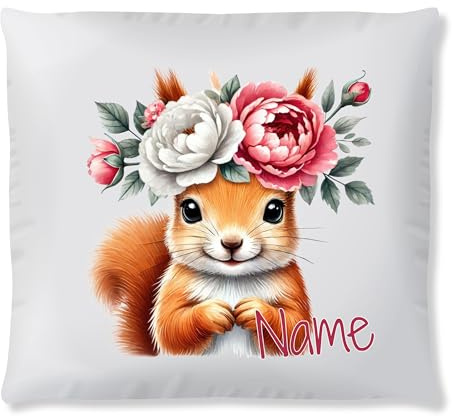 GRAZDesign Personalisierte Kinderkissen mit Namen und Eichhörnchen Blumenkranz – Weiches Kuschelkissen für Mädchen und Jungen