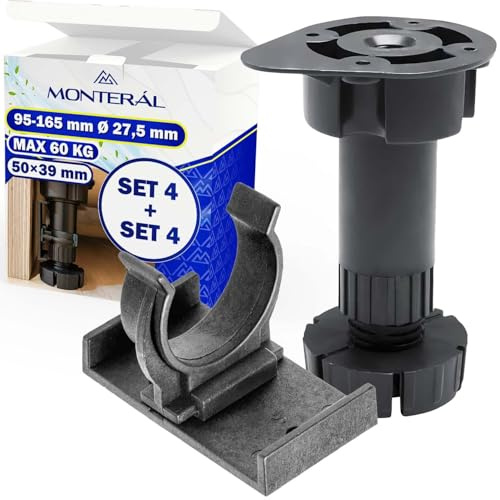 MONTERAL Jeu de 4 Pièces Pieds de Meuble Reglable 95-165 mm Ø 27,5 mm Capacité de Charge 60 kg et 4 Pièces Clip Plinthe Cuisine 50x39 mm - Garantie de 10 Ans