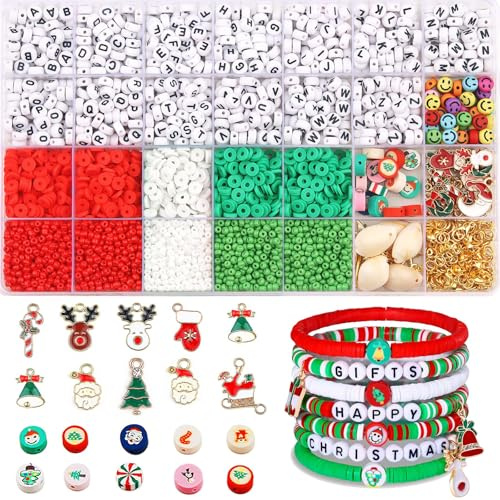 MiuCo Weihnachten Basteln Perlen Set für Armbänder– Weihnachtsperlen & Anhänger für Armbänder Selber Machen, DIY Schmuck Bastelset mit Buchstaben, Seed Perlen & Zubehör