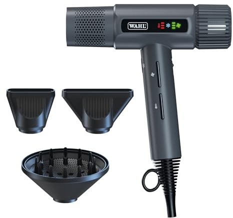 Wahl Vanquish Hair Dryer, Cool Grey, Lightweight, LED Display, Quiet, Professional 3 Attachments, Powerful, Cool Drying, 3 Speed-Settings, Auto-Clean, Even Drying, Quick Dry, Includes Velvet Pouch
