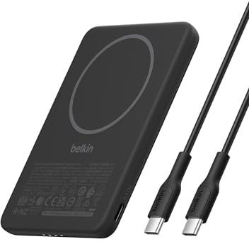 Belkin BoostCharge Magnetic Power Bank 5000mAh, Slim Portable Charger with Magnetic Ring and USB C Port, Battery Pack for iPhone, Galaxy, Pixelsnap, iPad, Tablet - USB C Cable Included - Black