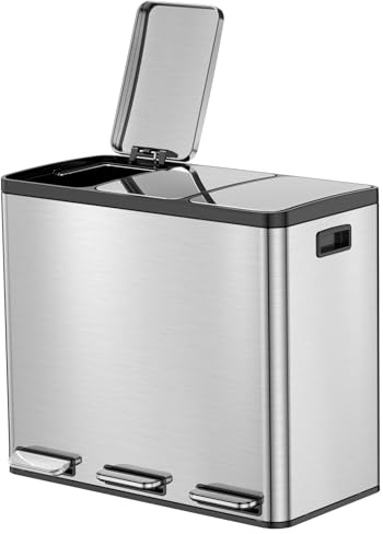 YEAUPE PRO Papelera Cocina 51L 3 Compartimentos, Cubo de Basura con Pedal Acero Inox 3x17L, Basurero con Cubos Extraíbles, Cierre Suave, Filtro Anti Olores, Cubo Cocina con Pedal
