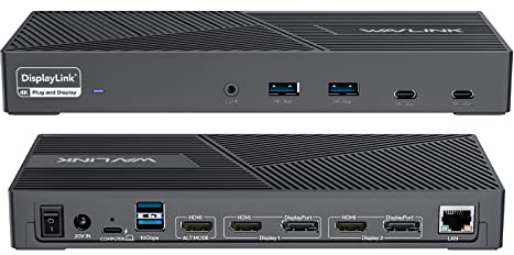 WAVLINK DisplayLink - Estación de acoplamiento 15 en 1, USB-C, compatible con MacBook Neo, monitores Triple 4K (3X HDMI + 2X DP), 100 W PD, 10 Gbps, Gigabit LAN, audio/Mic, para Windows y Mac (incluye