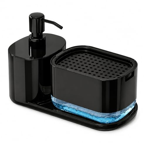 Soap Dispenser Kitchen Set, 2-In-1 Dish Soap Pump Dispenser and Sponge Holder Black Refillable Washing Up Liquid Dispensers, Press Type Soaps Holder for Home Kitchen Hotel Bathroom