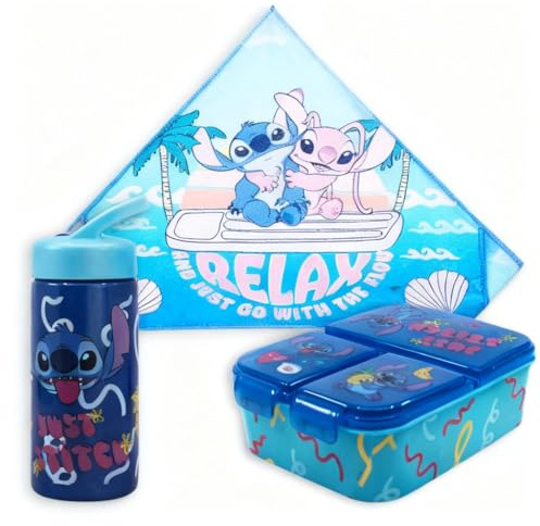 MARUKATSU Pack Infantil 3 en 1 – Toallita Microfibra 40x30 cm + Botella Infantil 410 ml + Sandwichera 3 Compartimentos, Set Merienda Colegio, Lunch Box Niños, Regalo (Stitch)