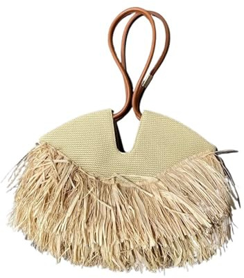 Zymjzbetic Fransväska med fransar genombrutna axelväskor för kvinnor, handväska design, vävd, stor kapacitet, halmstrand tofs för kvinnor, Beige, Taglia unica