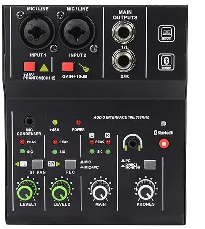 Mesa Mezclas, Consola de tarjeta sonido con interfaz Audio portátil profesional 2 canales Mini mezclador USB(Nero)