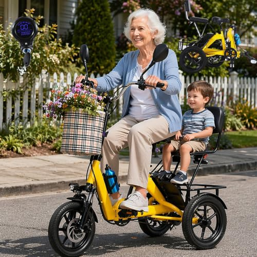 ZRLYbau 14 Zoll Klappbares Elektro-Dreirad Erwachsene Senioren 2-Sitzer 3-Rad Fahrrad mit LED Scheinwerfer Rücklicht Vorne Hinten Korb LCD Display Mann Frau Pendler Cargo Transport Yellow