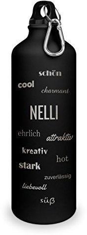 Trinkflasche mit Namen Nelli - graviert mit Positive Eigenschaften, Aluminiumflasche mit Gravur, Sportflasche - matt schwarz