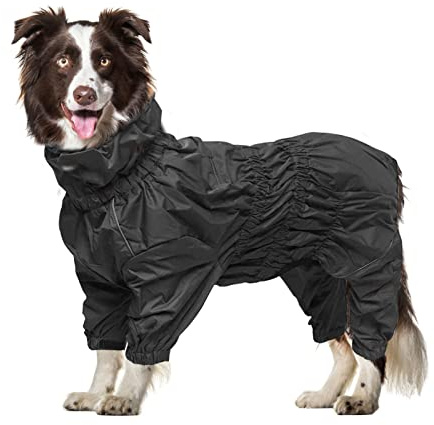 Geyecete -Regenmantel für hunde mit vier Beinen,Hunde Regenjacken Hosenanzug mit Geschirr loch, reflektierender vollwickel elastisch wasserdicht mantel fur Groß mittel und klein hunde-Schwarz-XL