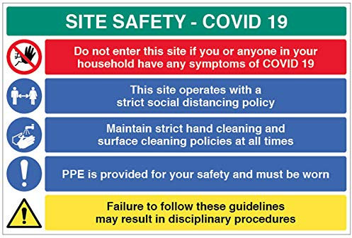 Site Safety COVID19 – Diese Website unterliegt strengen sozialen Distanzrichtlinien, Handreinigung, Schutzbekleidung tragen – 4 mm geriffelt, 900 x 600 mm.