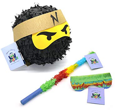 Nislai® Ninja Pinata Set, Ideal für die Ninja Party, Geschenk, Geburtstag, Inkl. Stock & Augenmaske, Farbe zur Auswahl: Grün, Schwarz, Blau, Rot (Schwarz)