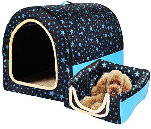 Tragbar Faltbare Hundebett Katzenbett Hundehöhle Hundehütte, 2 in 1 Haustier Haus und Sofa für Katze, Kätzchen, Hündchen nd Kaninchen mit Abnehmbar Matte Schwarz mit blauem Stern L