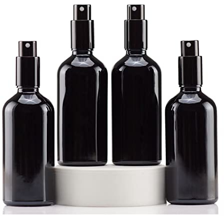 Yizhao Svart Sprayflaska Glas 100ml, med Liten Fin Dimma-spray, Metalllock, Påfyllningsbara för Eterisk Olja, Resa, Rengöring, Parfym, Aromaterapi, Mmakeup – 4 Stycken