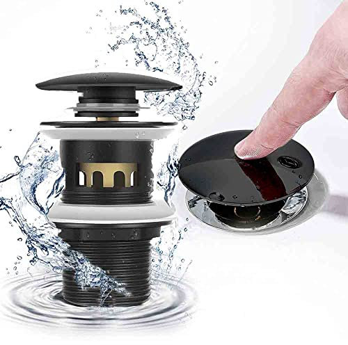 Geschlitzt Aufpoppen Waschbecken, Ablaufgarnitur für Waschbecken & Waschtisch, Messing Waschbeckenstöpsel Pop Up Ventil, Abflussstopfen, Ohne Überlauf, für Bad, Küche, WC (Schwarz)