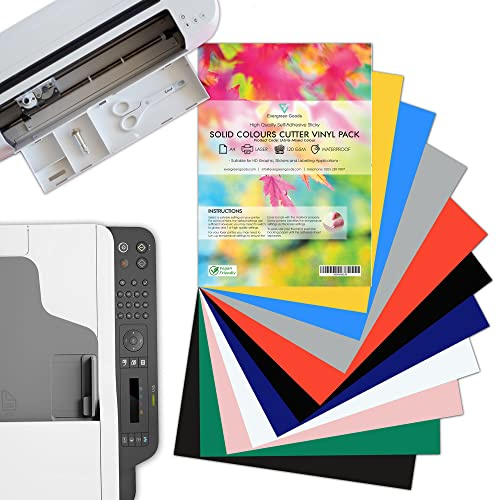Evergreen Goods A4 Self Adhesive Coloured Vinyl for Cricut Cutters | Waterproof, Solid Colours, 10 Sheets | Sticker Making