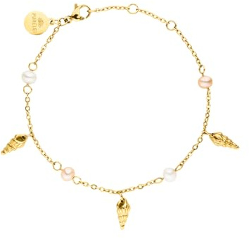 Purelei Akala Armband Damen – Mit Muschelanhängern & echten Süßwasserperlen – Edelstahl 18K vergoldet/rosé/silber – Verstellbar 16–19 cm – Wasserfest