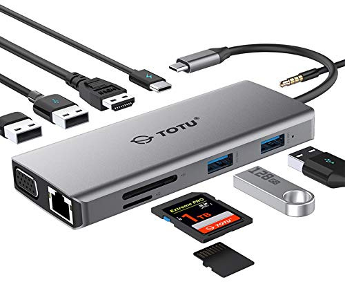 USB C Hub, Type C Hub, TOTU 11-in-1 Adapter with Ethernet, 4K USB C to HDMI, VGA, 2 USB3.0 2 USB2.0, Micro SD/TF Card Reader, Mic/Audio, USB-C Pd 3.0, Compatible for Mac Pro and Other Type C Laptops