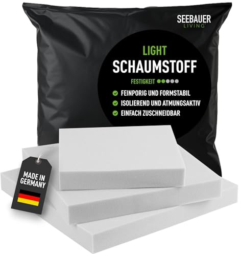 SEEBAUER living Schaumstoff Light RG 26/40 (Mittelfest) 200 x 60 x 8 cm Schaumstoffplatte für Polster und Sitzkissen, Polsterschaumstoff als Zuschnitt für Sitzpolster