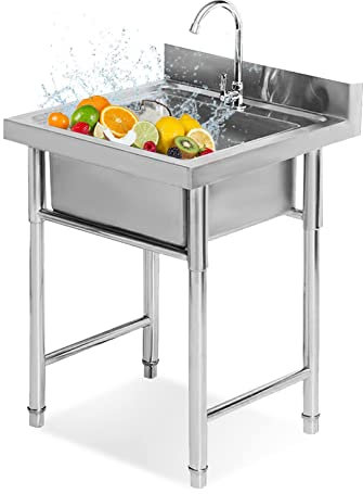 Küchenspüle 1 Becken, Standwaschbecken, Spülbecken Küche Mit Wasserhahn, Abtropffläche Und Handwaschbecken, 1 mm Rostfreie Edelstahl Spülbecken, Freistehend Spültisch Für Gewerbliche Garten Garage