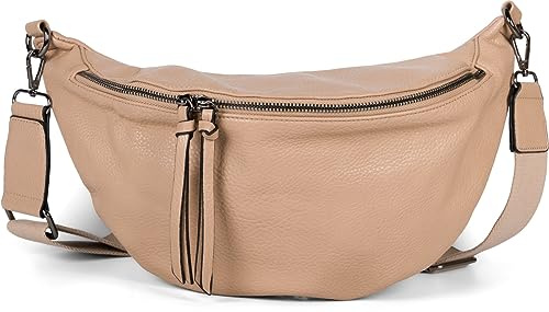 styleBREAKER Bolso de hombro cruzado para mujer en forma de media luna, con correa de hombro ajustable y desmontable, bolso de mano en color sólido 02012386, color:Barro