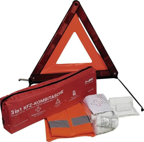 HP Autozubehör 10047 Car Combination Bag Warning Triangle Warning Vest First Aid Bag DIN 13164 with Two Masks 3 Pieces Minimum Shelf Life 4 Years