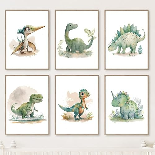 CAYBES 6 Stück Cartoon-Dinosaurier-Dschungel-Dino-Baby-Poster Kinderzimmer Leinwandgemälde Wandkunstdruck Bild Kinder Kinderzimmer Badezimmer Zimmer Dekorationn-A4 (Kein Rahmen)