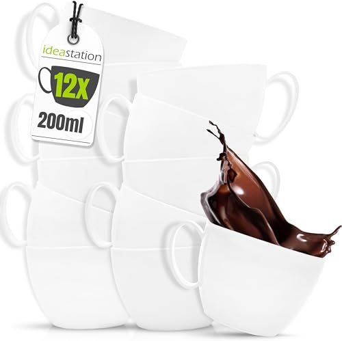 idea-station tasse cafe plastique 12 x 200 ml - blanc - incassable tasse plastique - coffee mug parfait pour camping